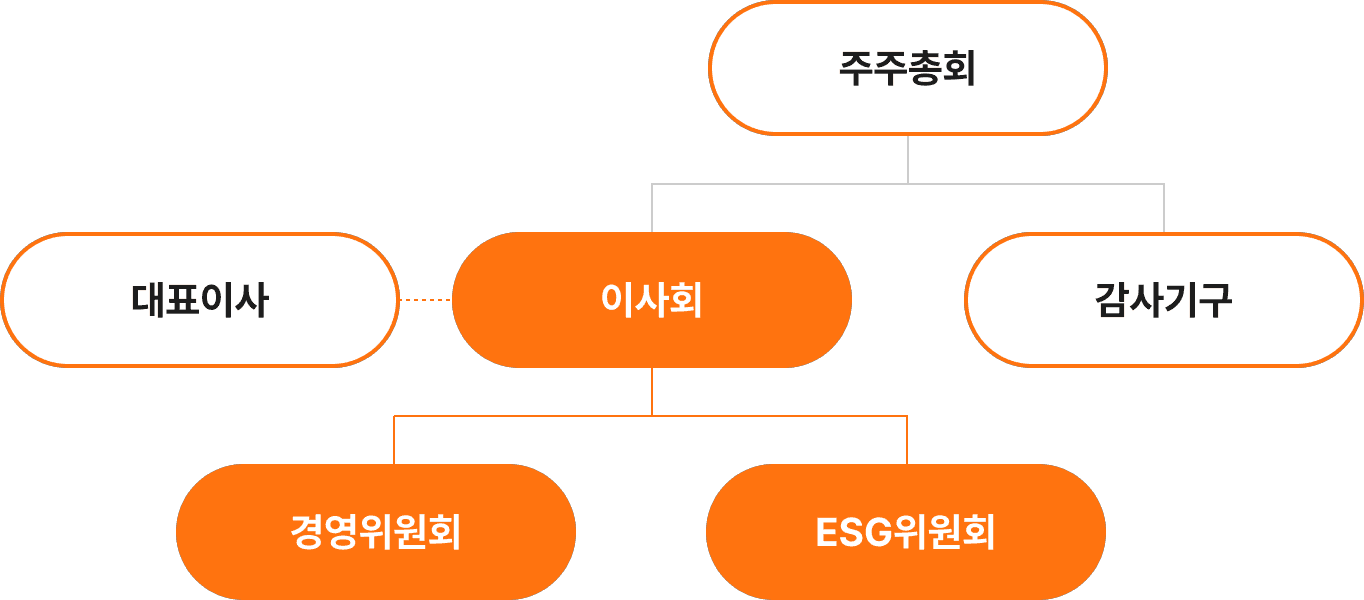 조직 구성도, 주주총회는 경영위원회와 ESG위원회로 이루어진 이사회, 감사기구로 구성되어있고 대표이사는 이사회에 소속되어 있습니다.