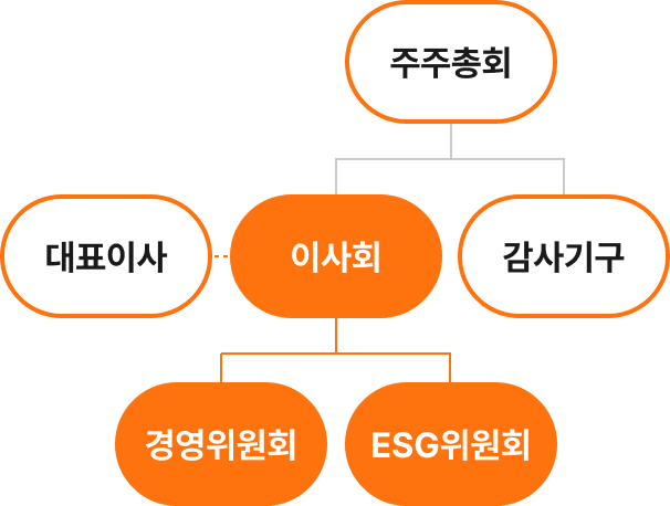 조직 구성도, 주주총회는 경영위원회와 ESG위원회로 이루어진 이사회, 감사기구로 구성되어있고 대표이사는 이사회에 소속되어 있습니다.